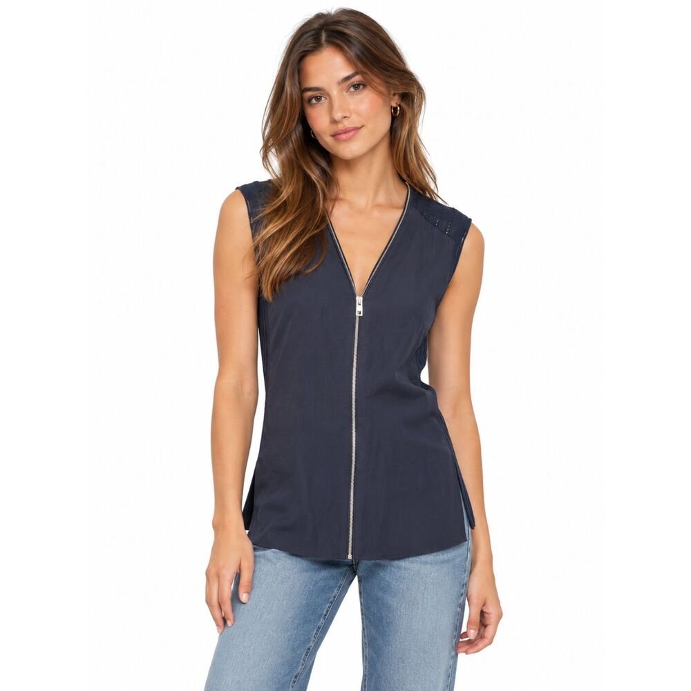 RAG & BONE Mixed Fabric Zippered Sleeveless Blouse Navy X-Small